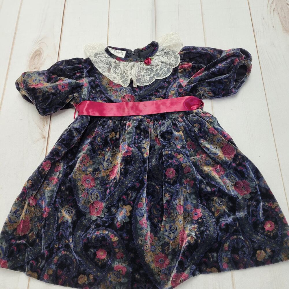 Vintage Bonnie Jean velvet paisley lace rosette party dress